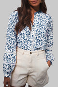 Blue Floral Print Lace Detail Puff Sleeve Fall Shirt