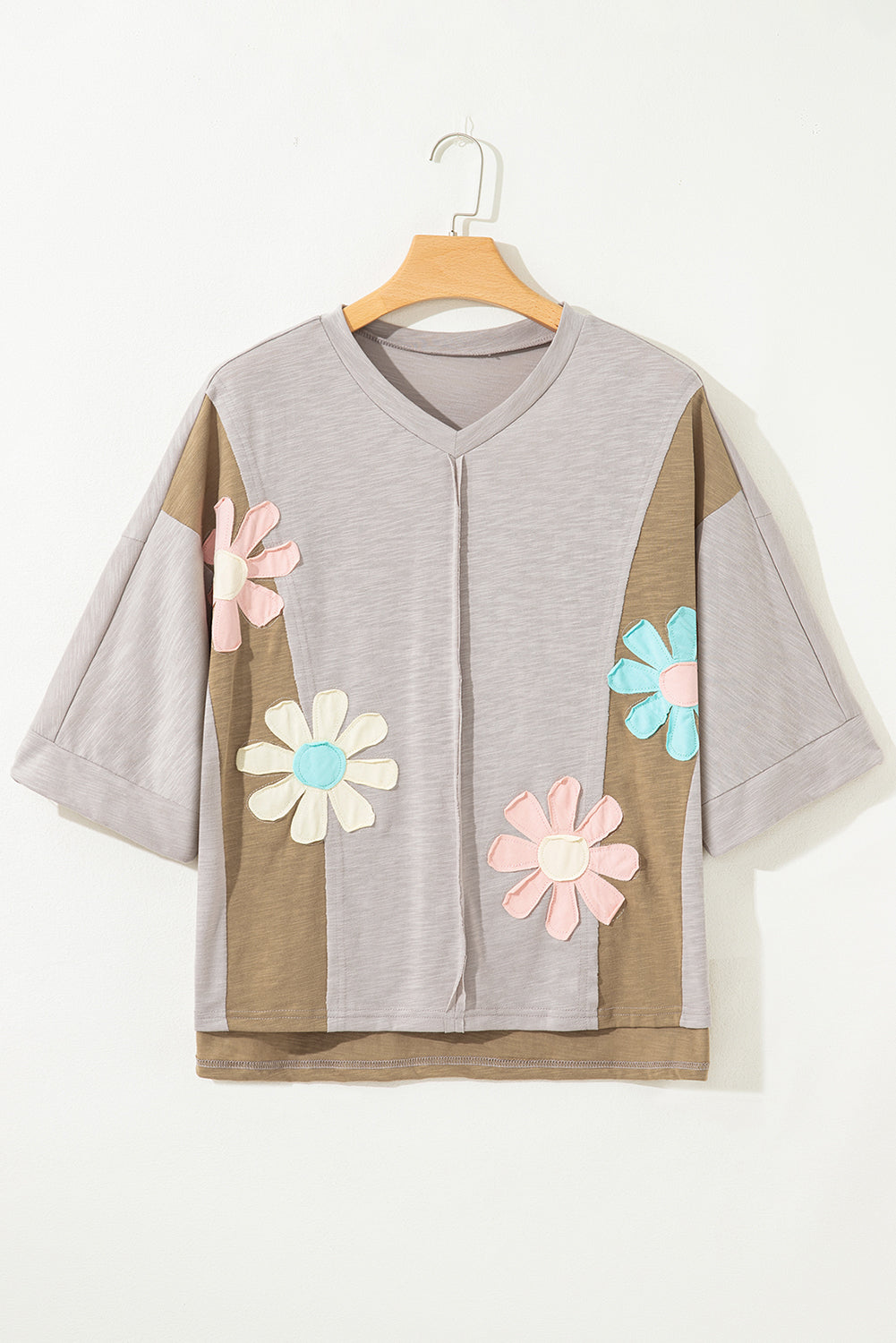 Light Blue Flower Patched Exposed Seam 3/4 Sleeve top