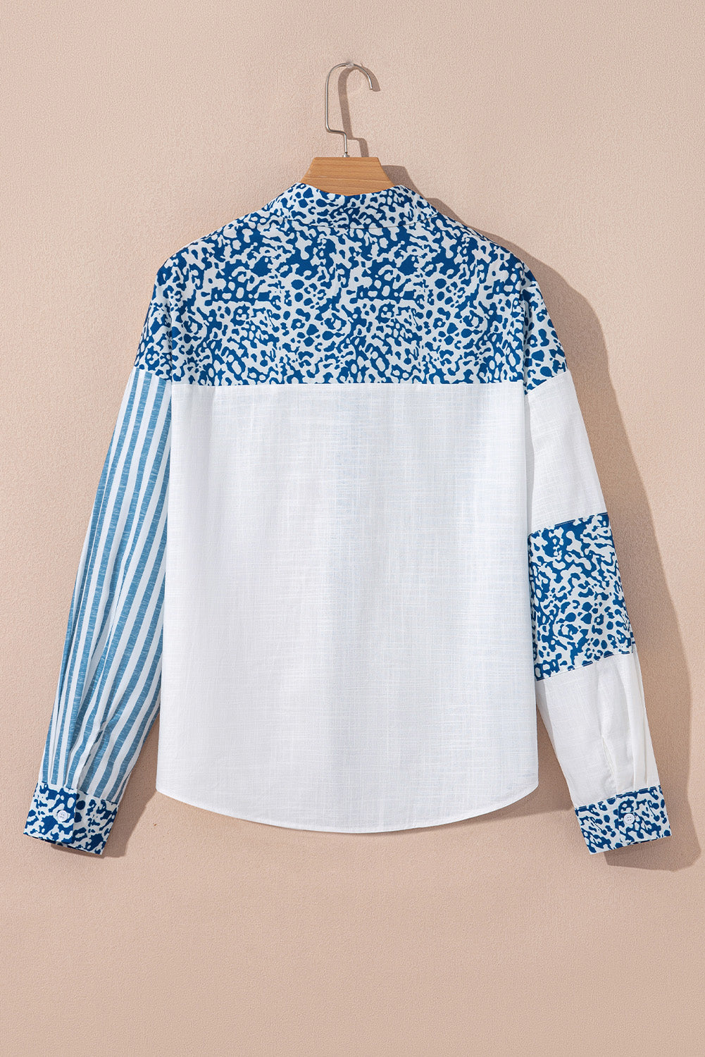 Chemise décontractée à rayures léopard bleu ciel et patchwork