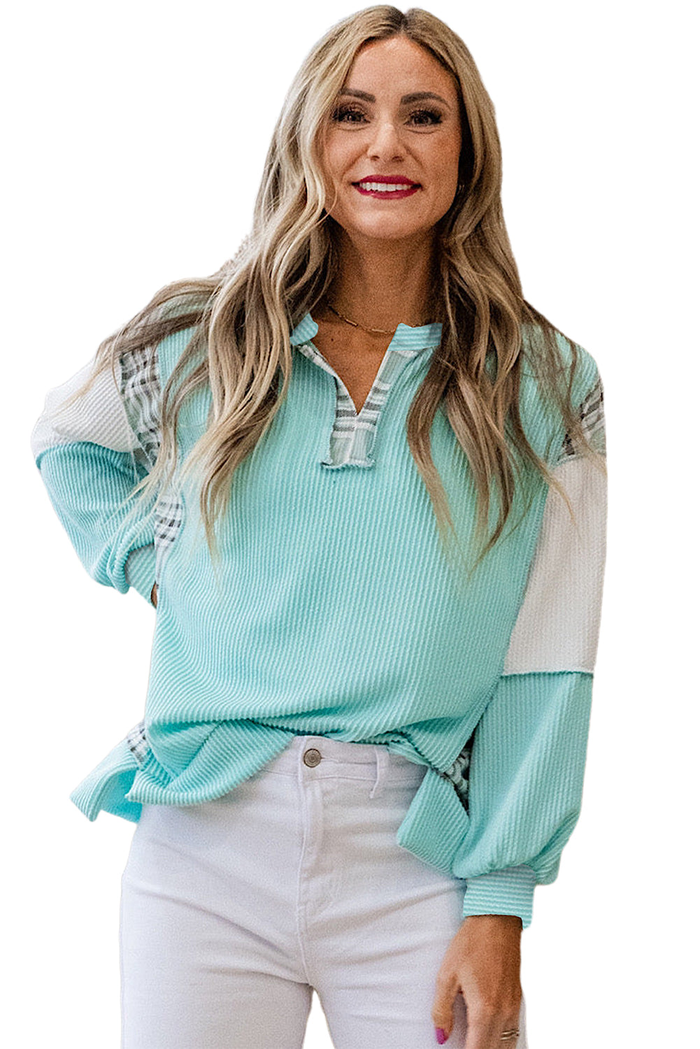 Blusa de manga larga con cuello dividido y patchwork a cuadros con textura de cordón azul Aruba