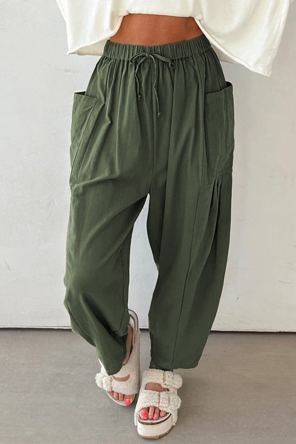Jungle Green Drawstring Elastic Waist Patch Pocket Barrel Leg Casual Pants