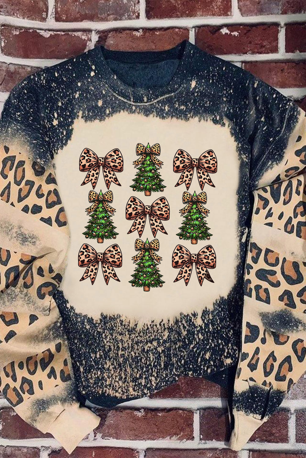 Black Leopard Bow Christmas Tree Heat Transfer Printing Tie Dye Bleached Baggy Sweatshirt