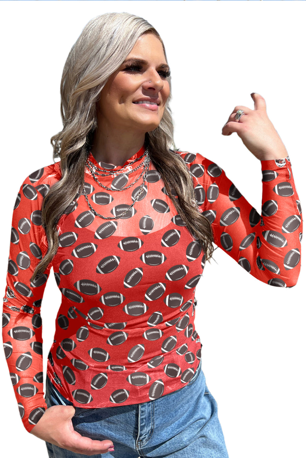 Top de manga larga transparente de malla de fútbol rojo para el día del partido