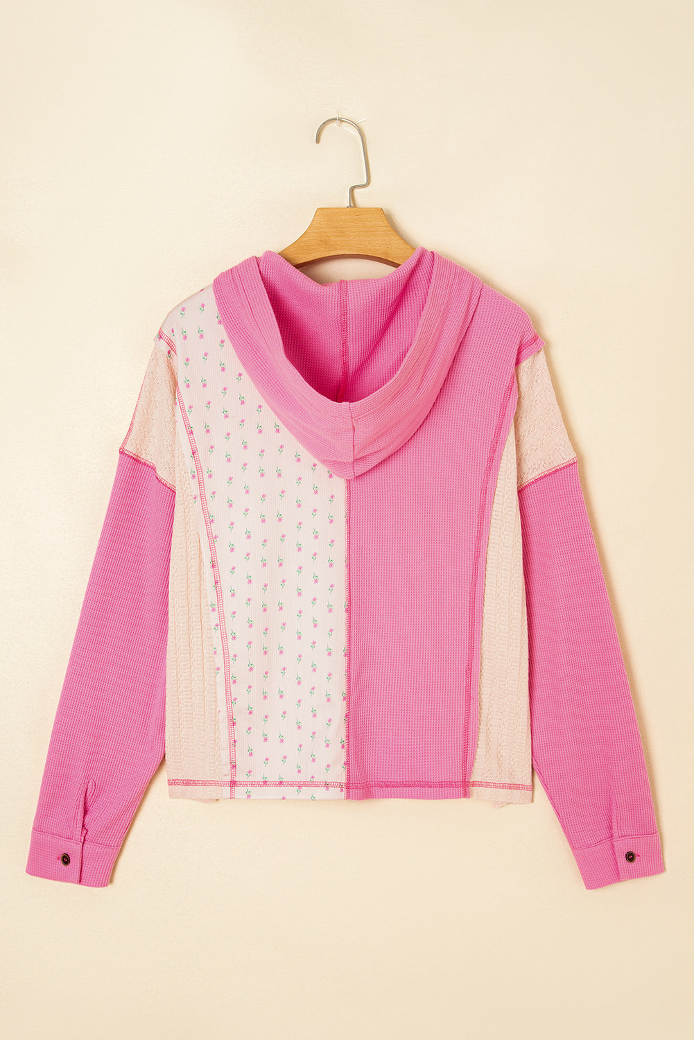 Pink Mixed Texture Waffle Floral Patchwork Hooded Oversized Pullover Top