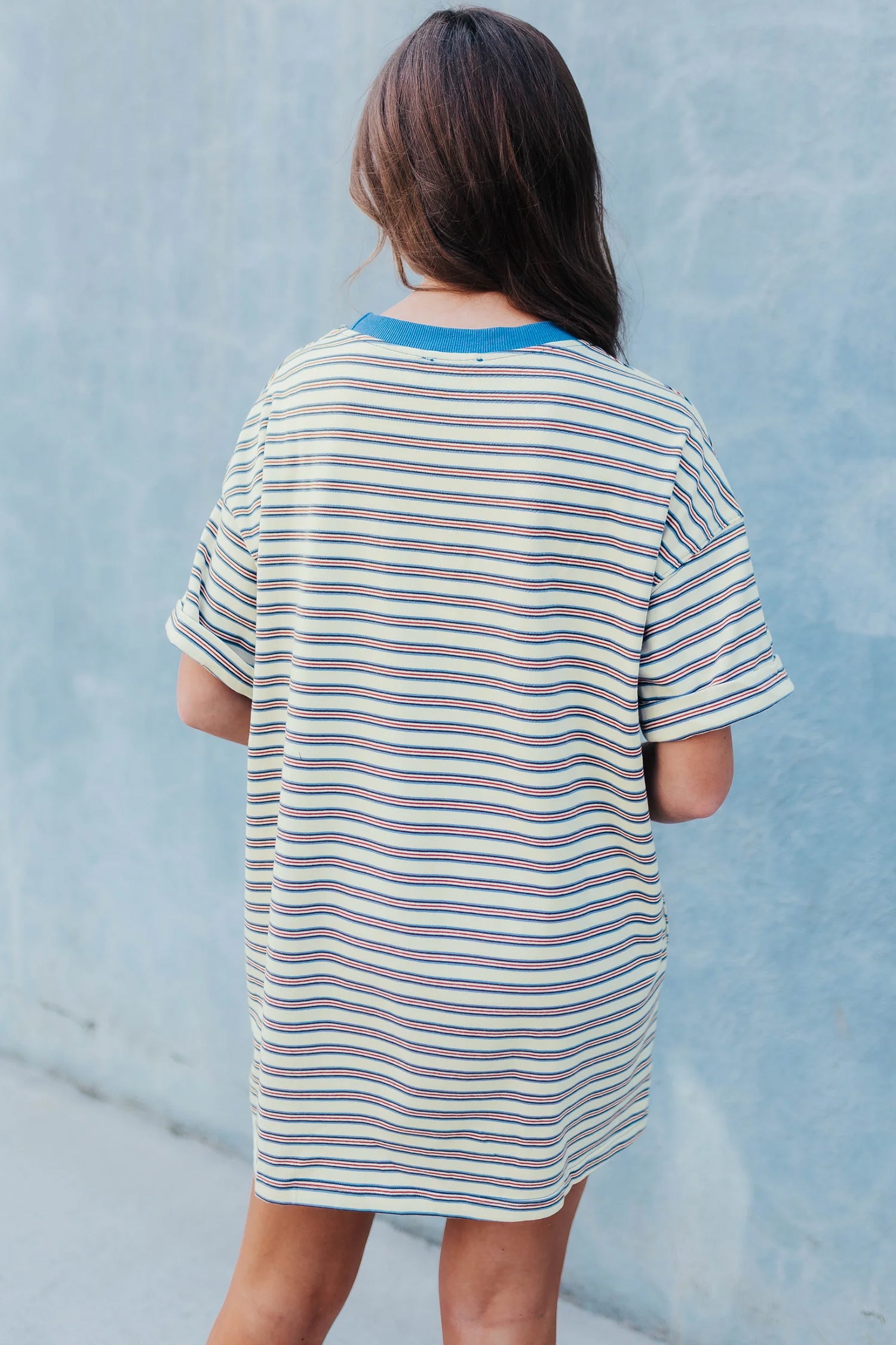 White Stripe Drop Shoulder Cuffed Sleeve Loose Tunic T Shirt Mini Dress