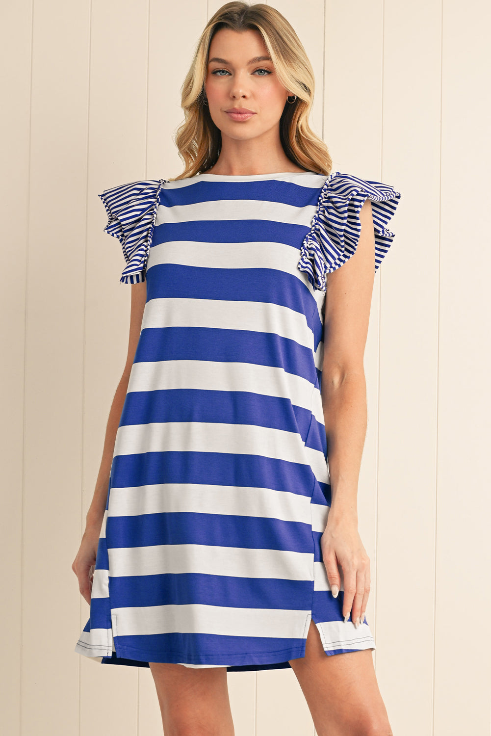 Sky Blue Stripe Ruffle Sleeve T Shirt Dress