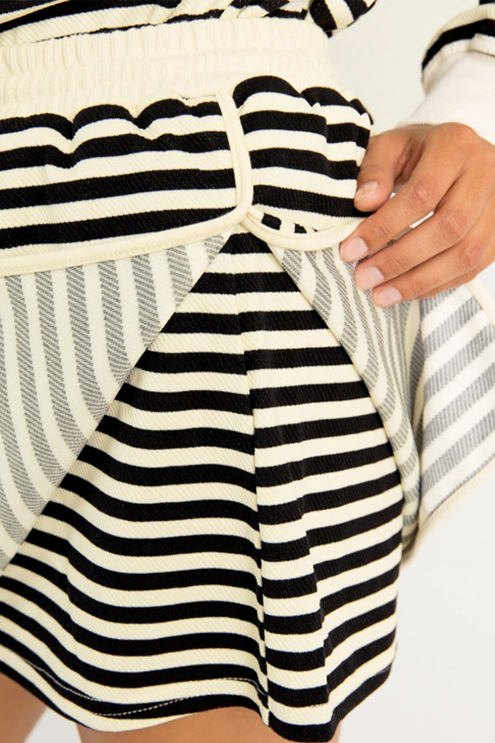 Black Stripe Textured Drop Shoulder Pullover Top Drawstring Mini Skirt Two Piece Dress Set
