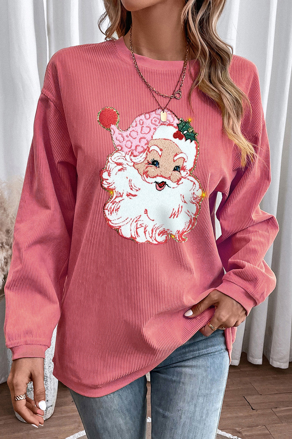 Strawberry Pink Sparkle Santa Claus Patch Application Corded Graphic Sweatshirt