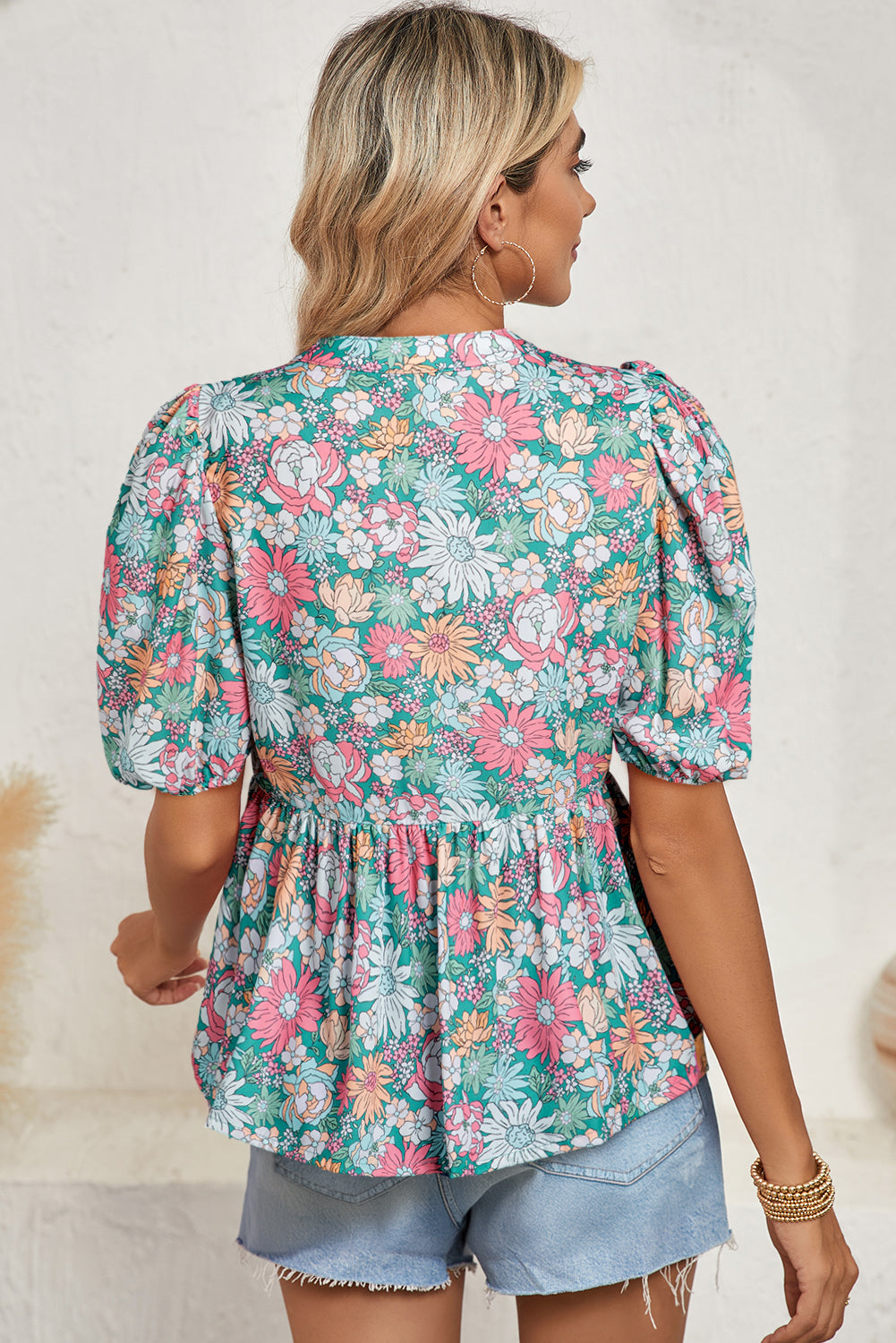 Multicolour Floral Print Short Puff Sleeve V Neck Boho Peplum Blouse