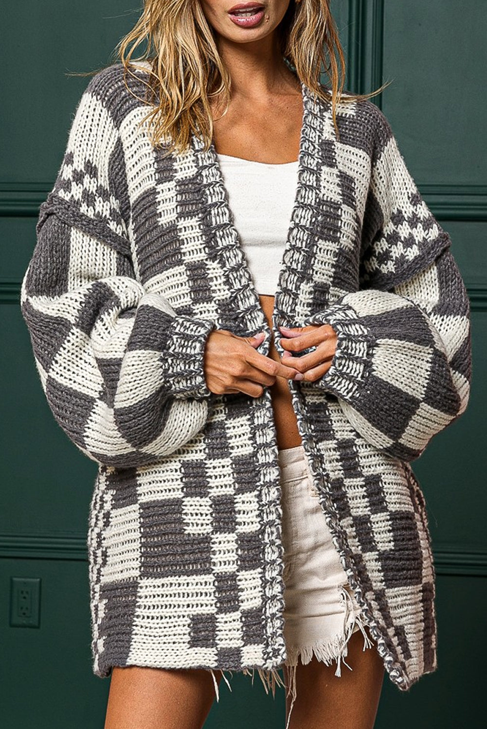 Multicolor Plaid Open Front Knitted Cardigan