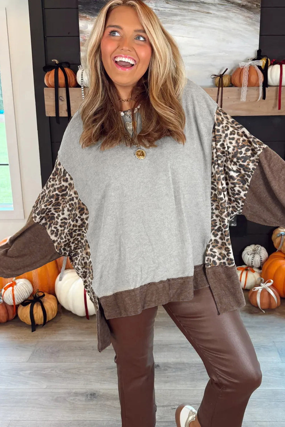 Gray Plus Size Leopard Patchwork Baggy Sweatshirt