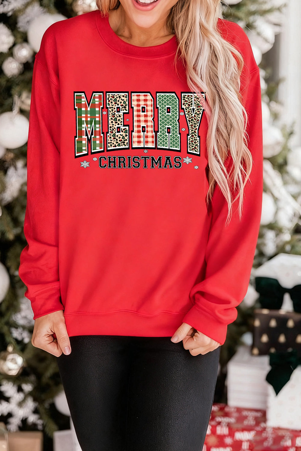 Red MERRY CHRISTMAS Graphic Heat Transfer Printing Holiday Sweatshirt