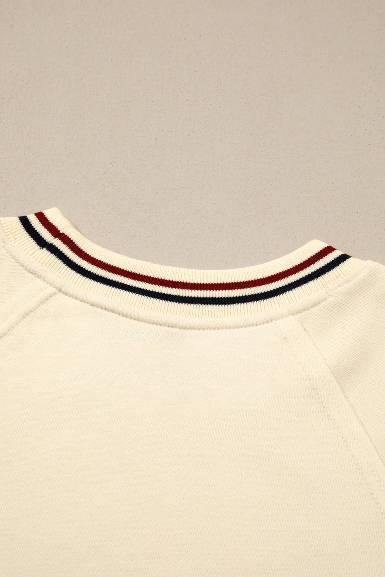 Beige Contrast Varsity Striped Neckline Cuffed Short Sleeve Loose Tunic Top