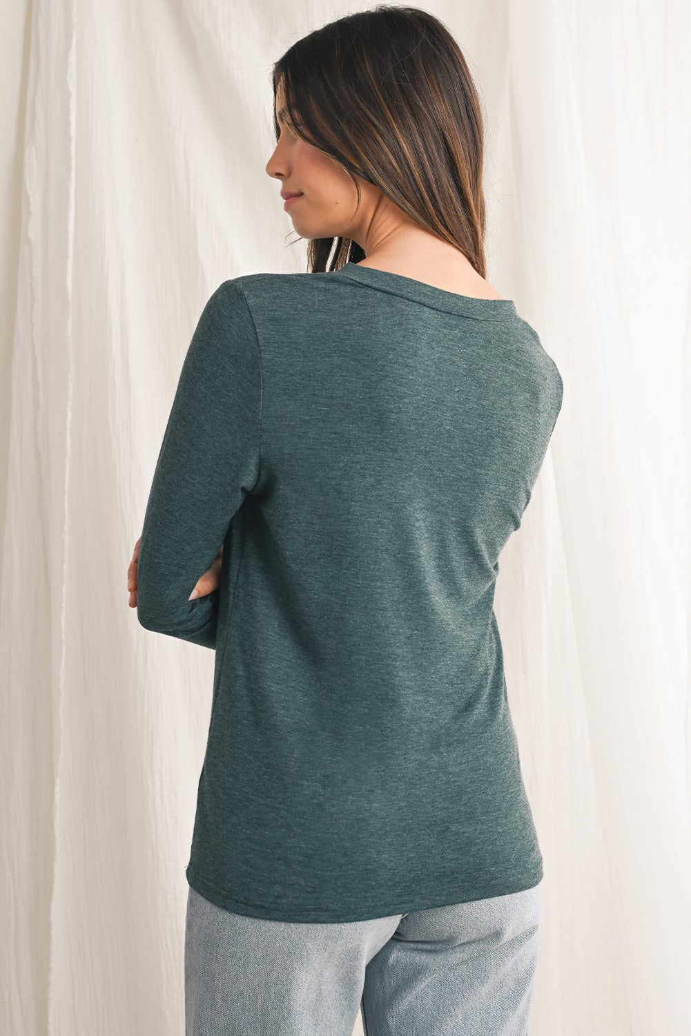 Misty Green Solid V-Neck Long Sleeve Top