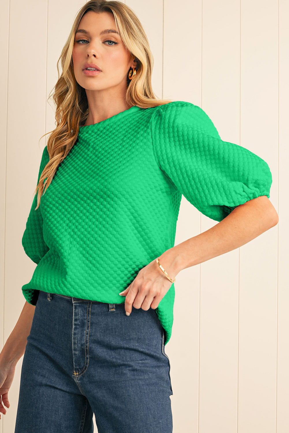 Chemisier à manches bouffantes et col rond texturé uni Phalaenopsis