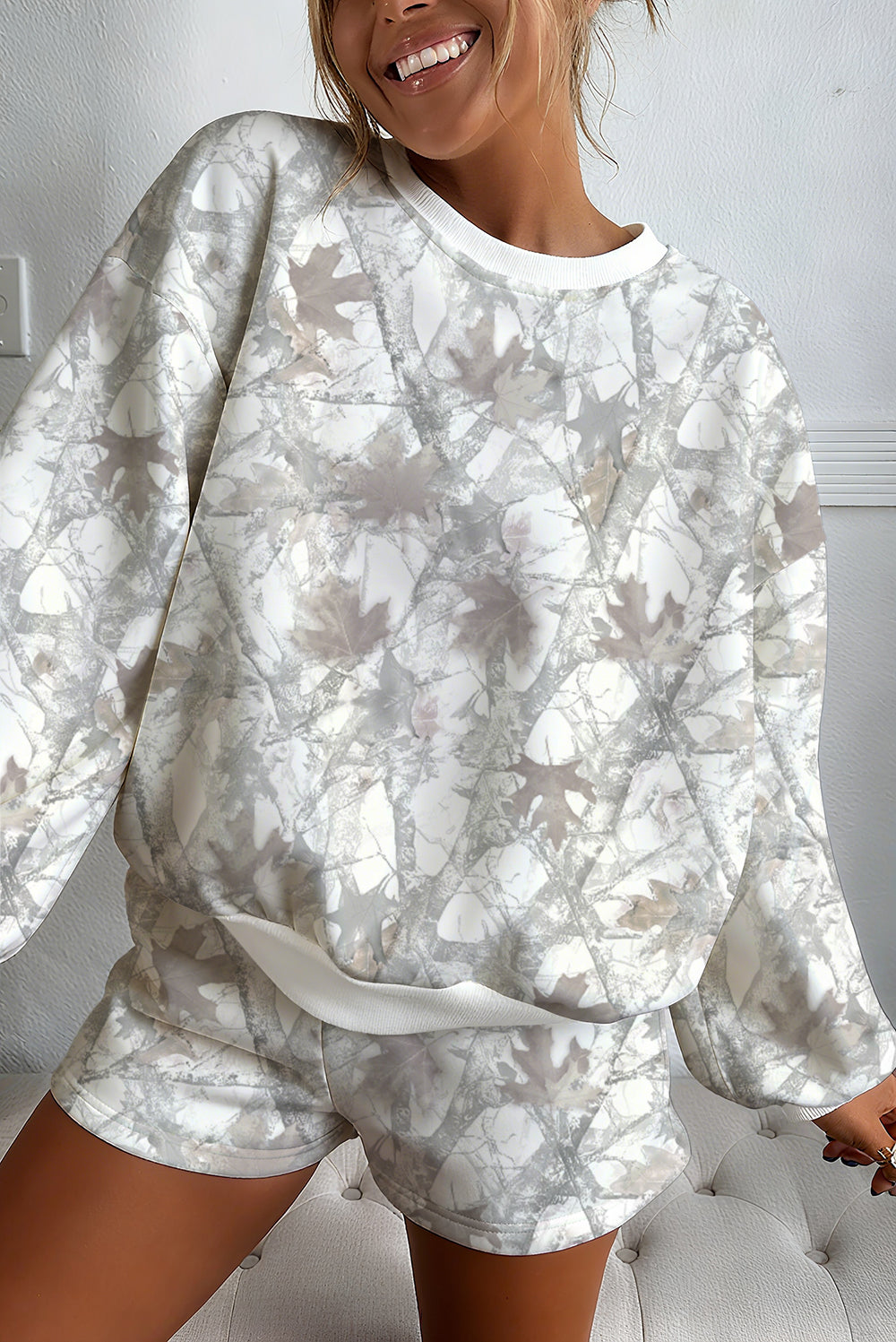Light Grey Camouflage Print Round Neck Drop Sleeve Shorts Set