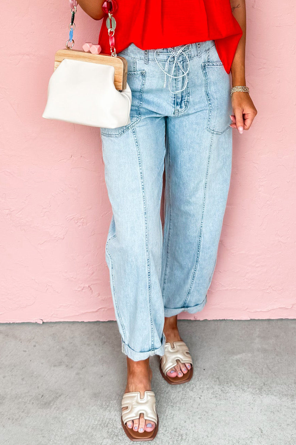 Jean à cordon de serrage et coutures apparentes Myosotis