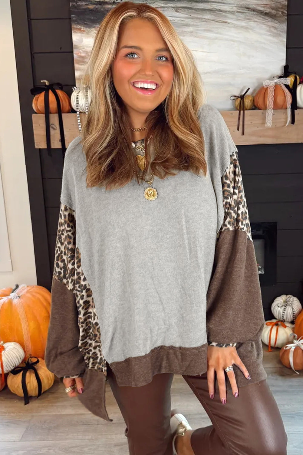 Gray Leopard Patchwork Dolman Sleeve High Low Baggy Sweatshirt