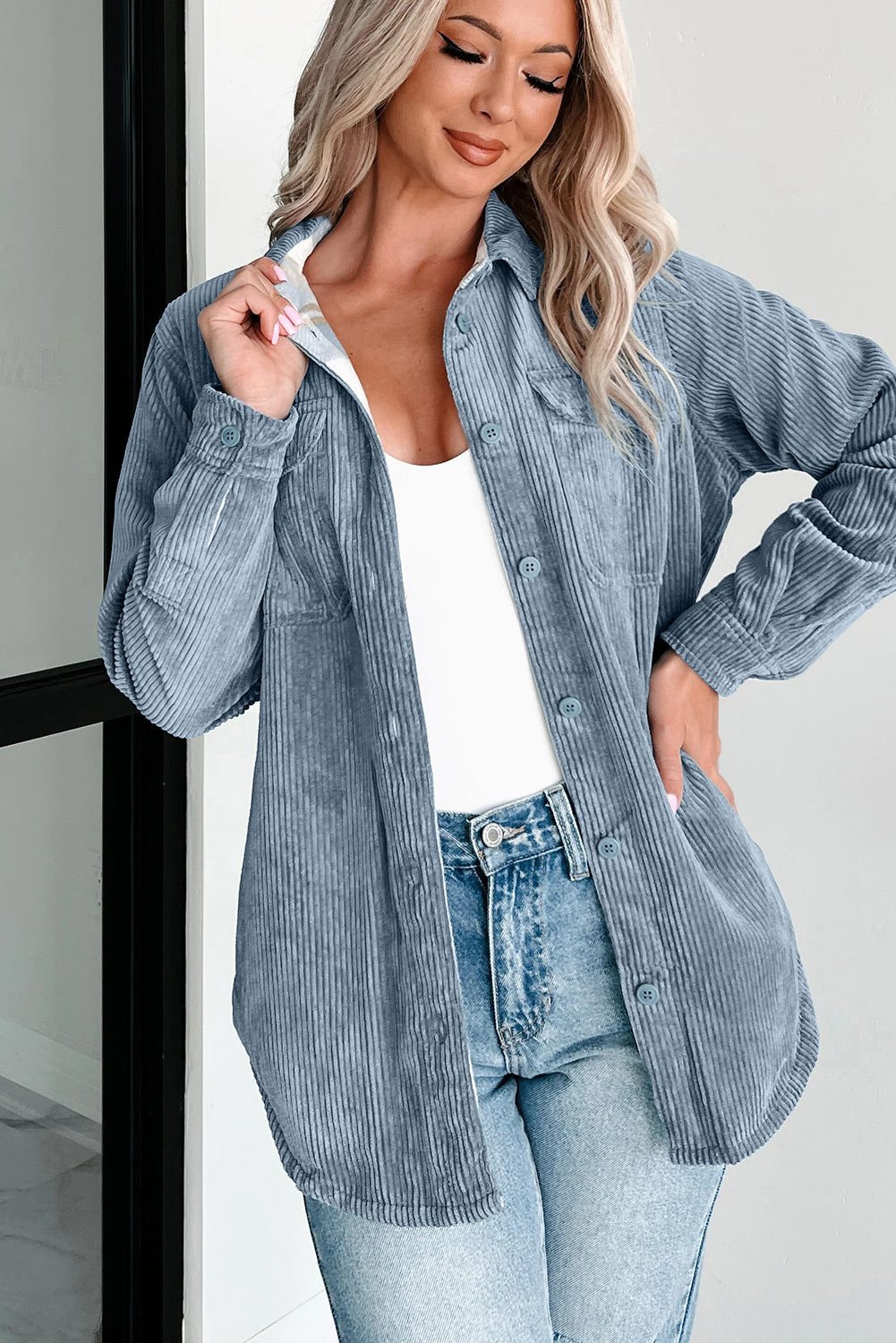 Stone Blue Plaid Corduroy Reversible Button Up Jacket