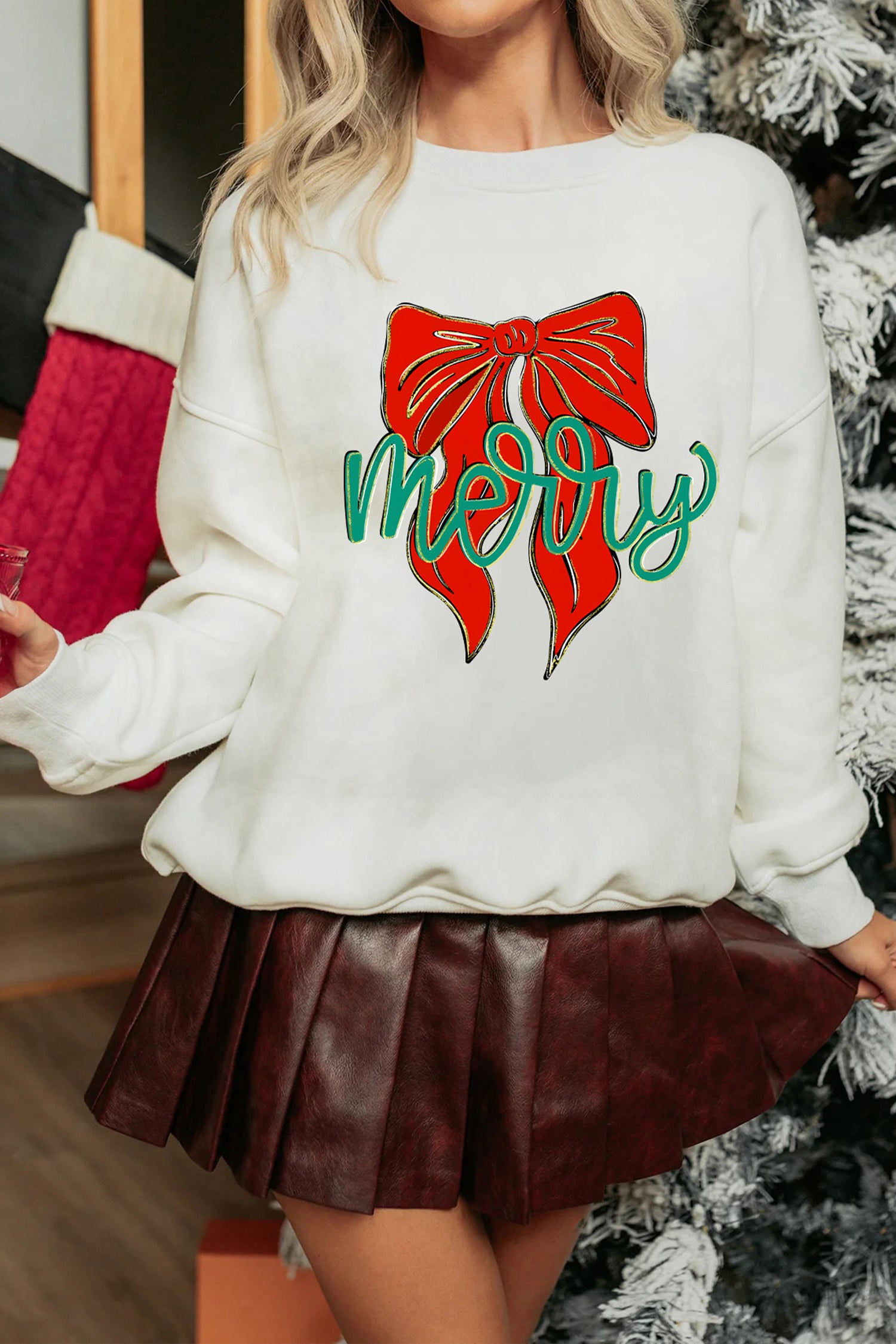 White merry Festive Bow Print Drop Shoulder Loose Pullover Sweatshirt