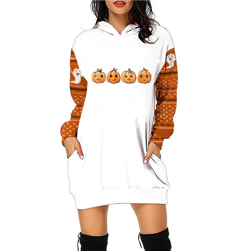 Women Halloween Pumpkin Print Hoodie Dress