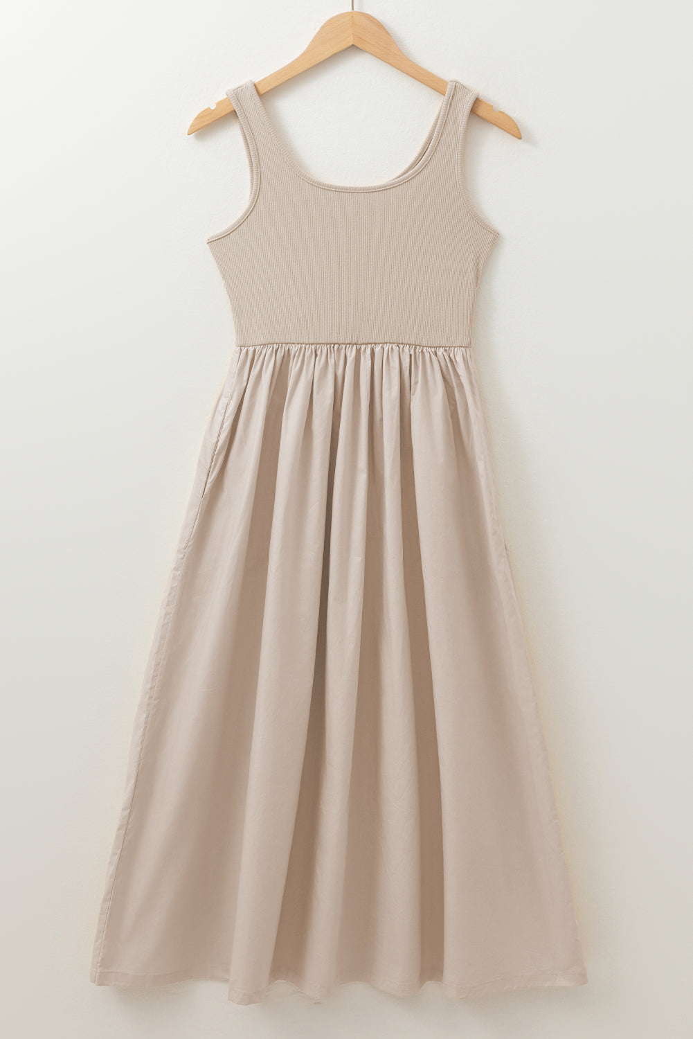 Beige Scoop Neck Ribbed Pleated Sleeveless Midi Dress