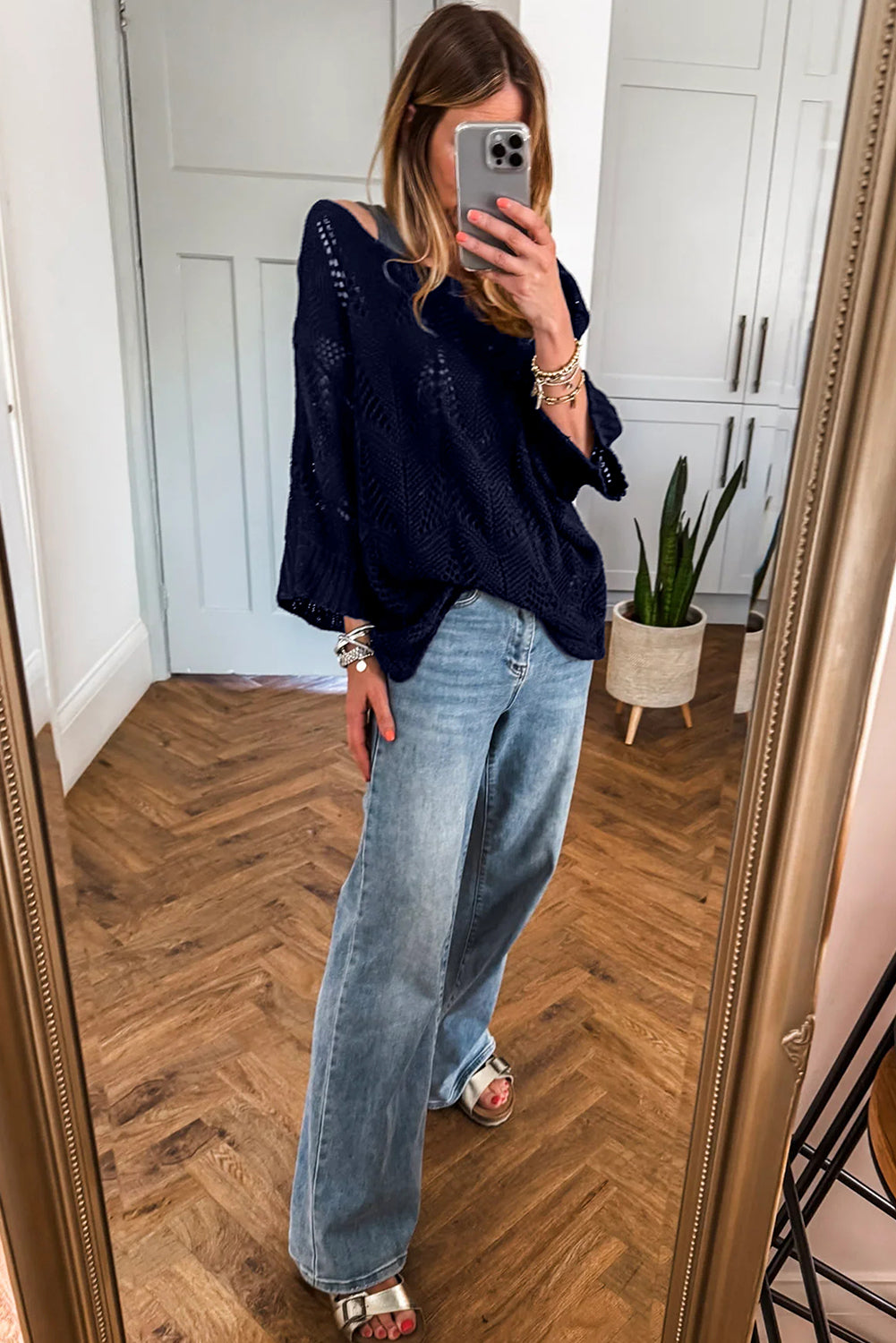 Navy Blue Hollow Out Knit 3/4 Sleeve Loose Sweater