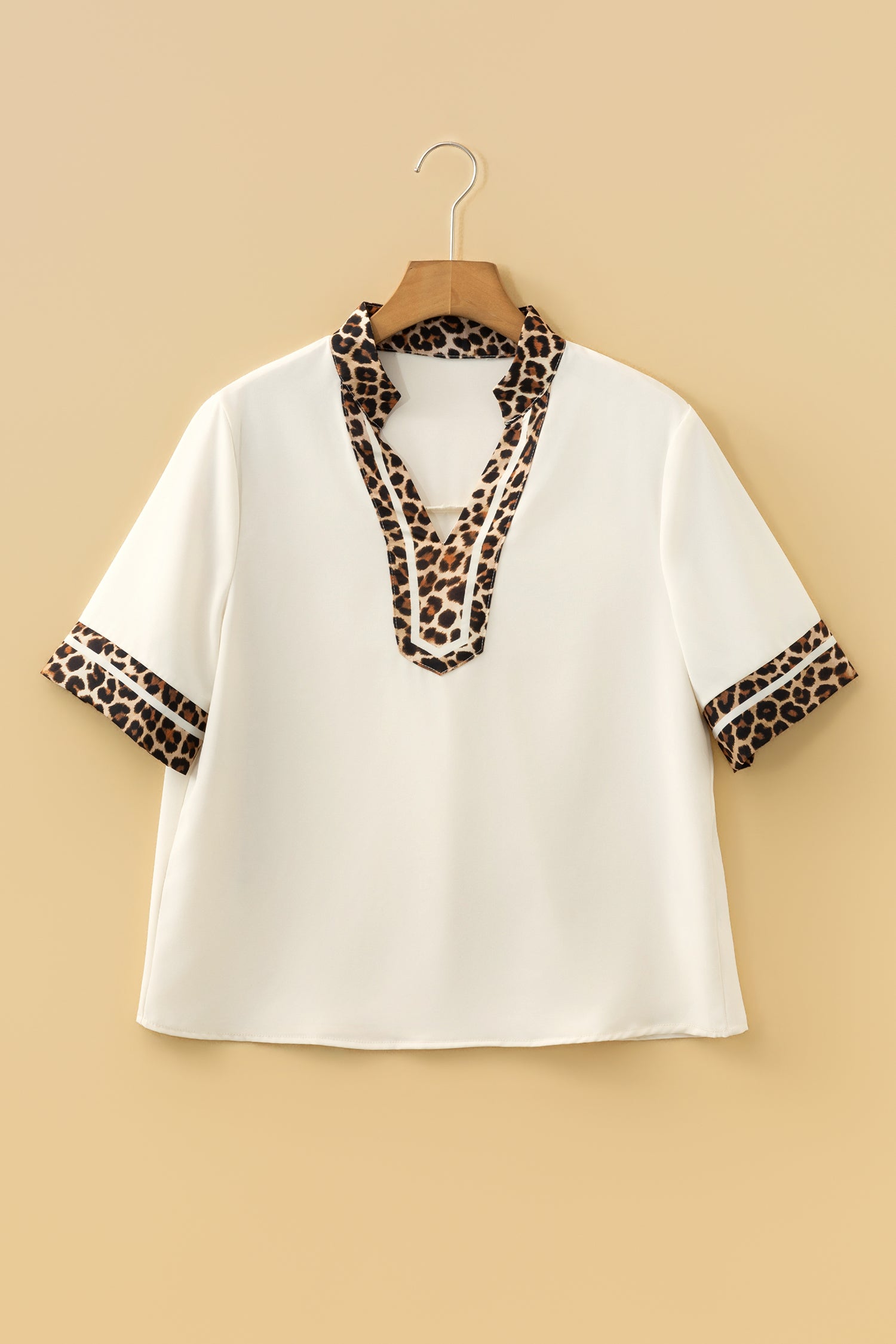 Jet Stream Leopard Patchwork Trim Split Neck Short Sleeve Blouse