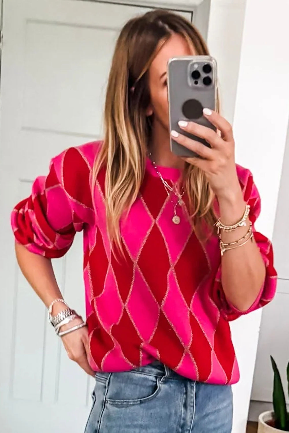 Rose Red Glitter Rhombus Pattern Knit Womens Casual Sweater