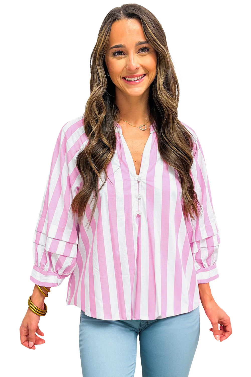 Rose Striped Button V Neck Raglan Sleeve Blouse