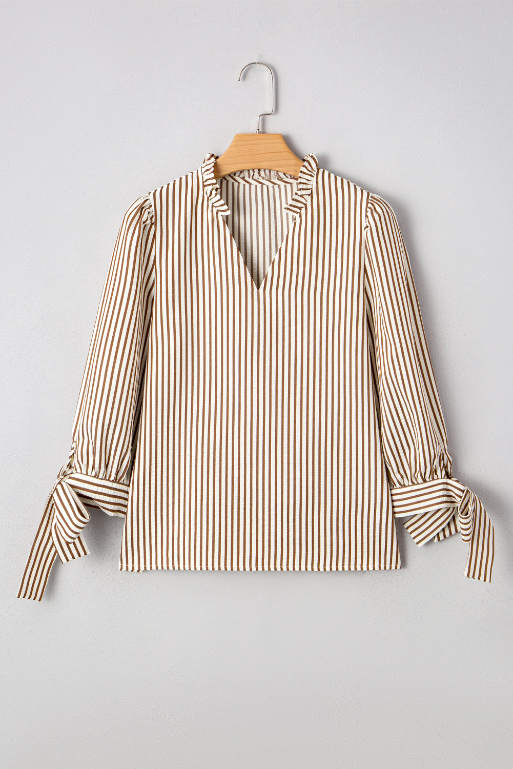 Straw Yellow Striped Frill V Neck Knot Bracelet Sleeve Blouse