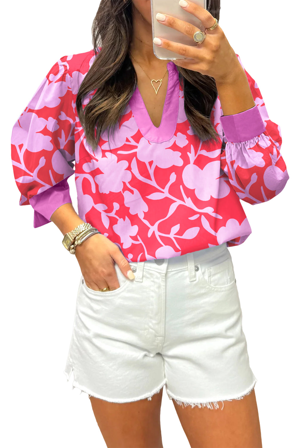 Red Floral Print Split V Neck Cuffed Bracelet Sleeve Blouse