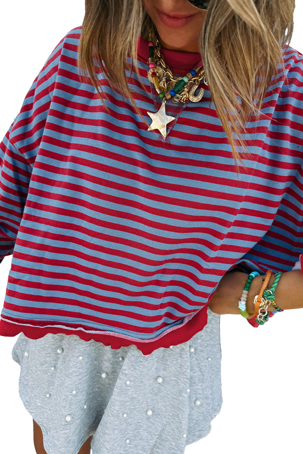 Red Stripe Exposed Seam Contrast Ribbed Trim Oversize Sweatshirt