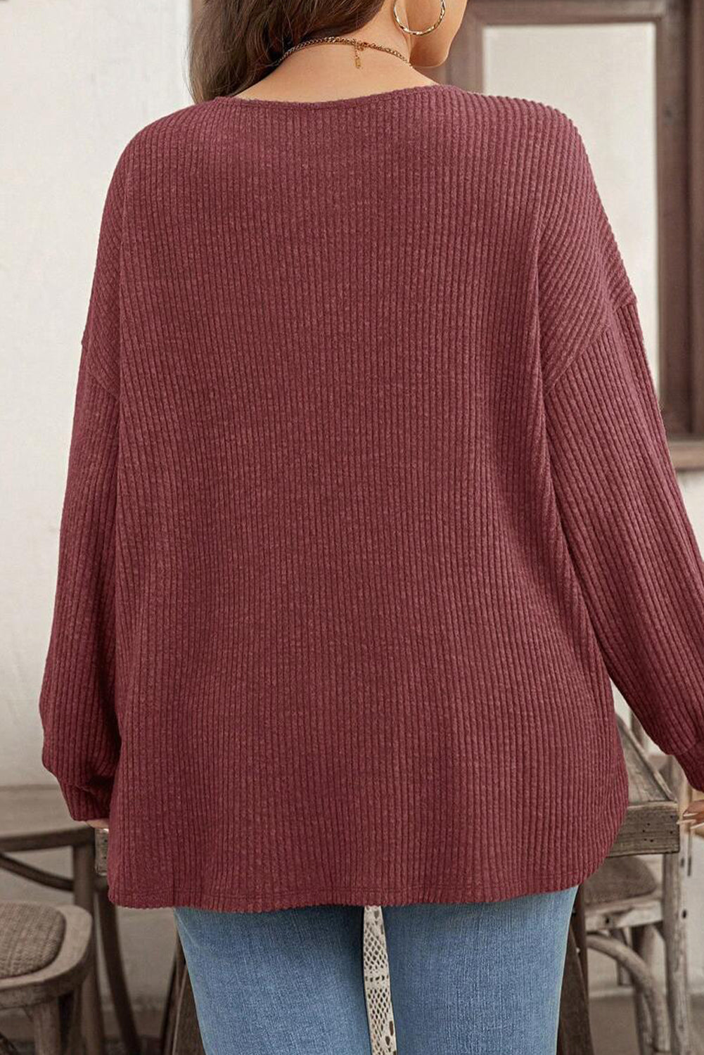 Wild Ginger Plus Size Ribbed Button Decor Long Sleeve Top