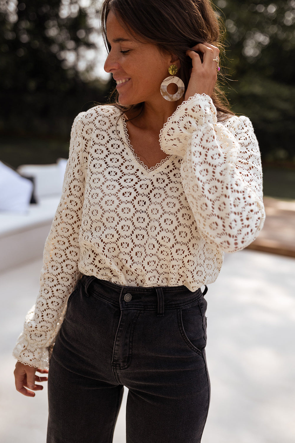Beige Flower Lace V Neck Puff Sleeve Top