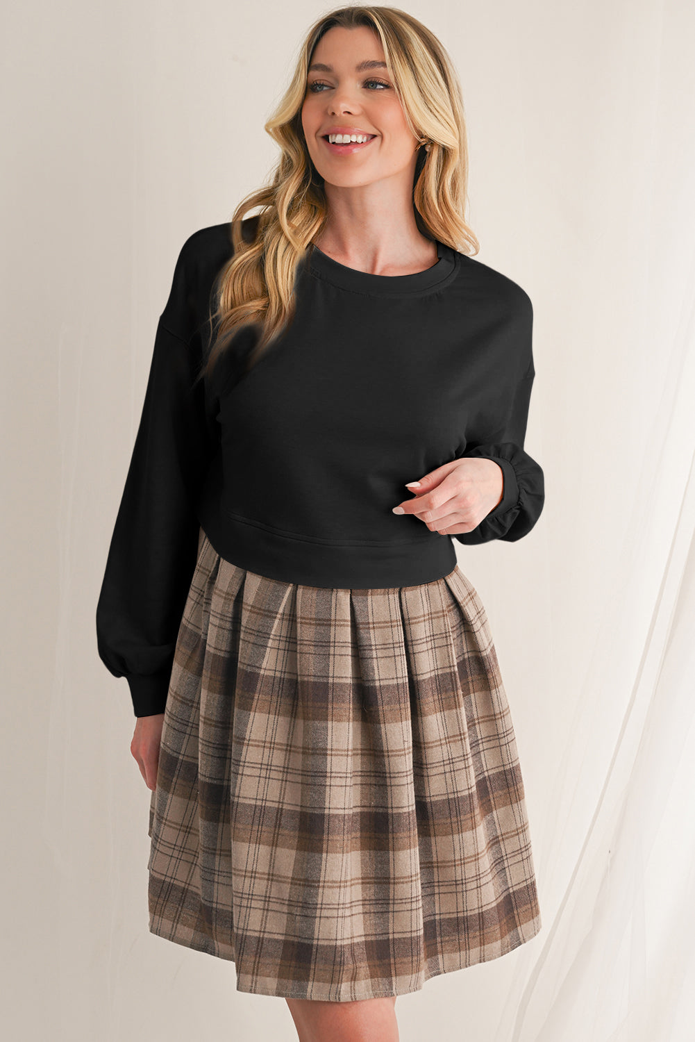 Black Plaid Patchwork High Waist Sweatshirt Mini Dress