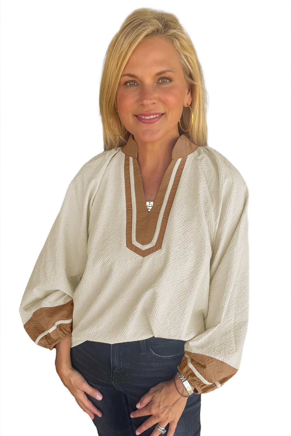 Black Colorblock Contrast V-neck Long Sleeve Blouse