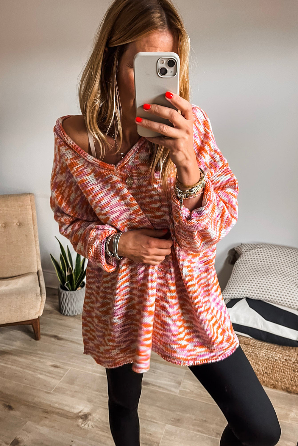 Orange Vibrant Abstract Print Drop Shoulder V Neck Oversized Sweater