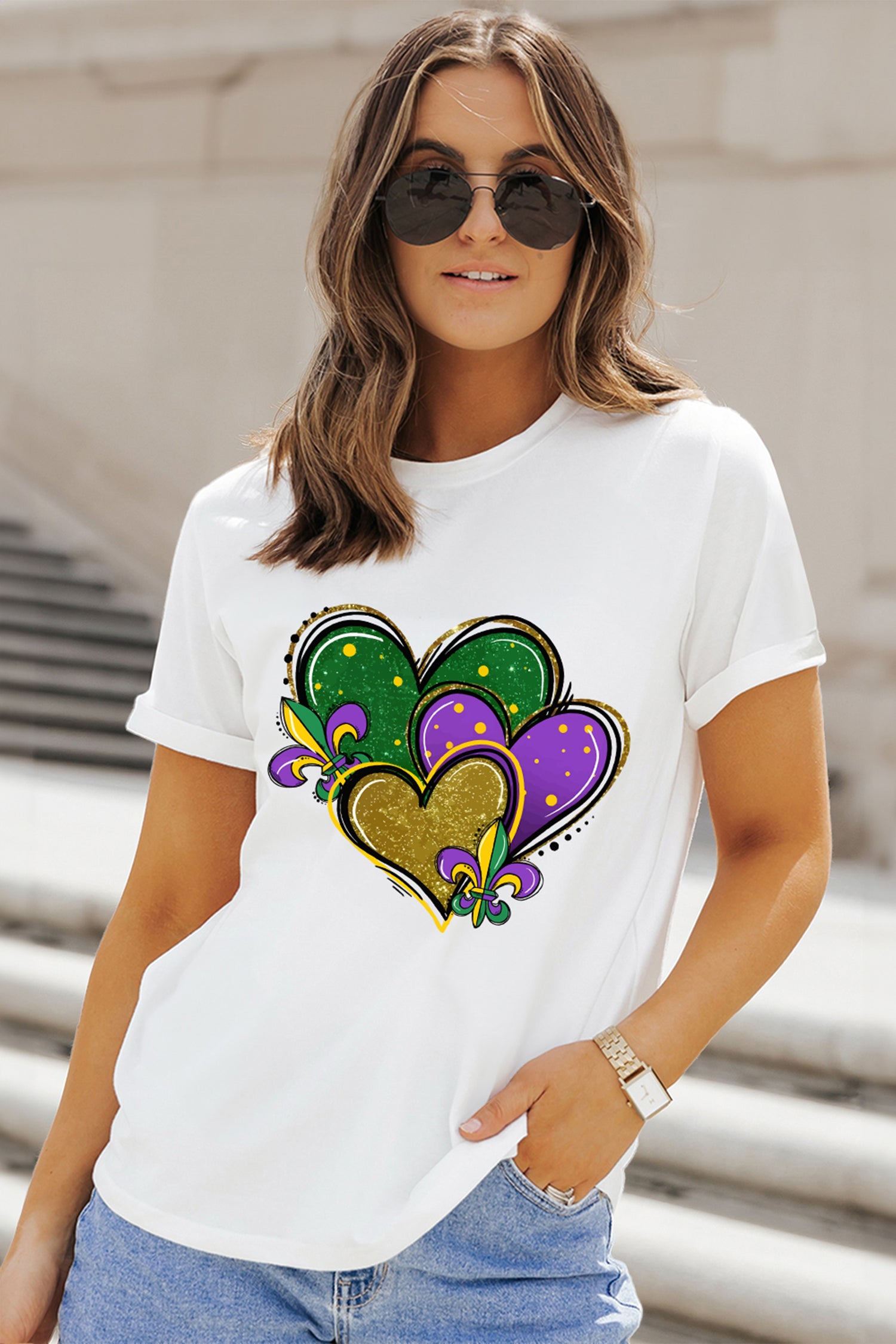 White Mardi Gras Tricolor Heart Print Womens Casual Tee