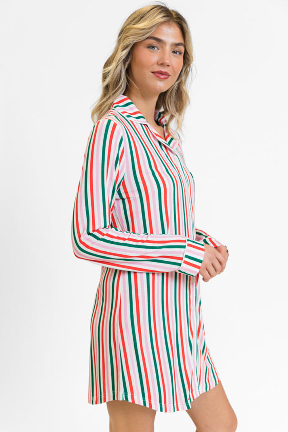 Pink Stripe Christmas Long Sleeve Shirt Style Sleep Dress