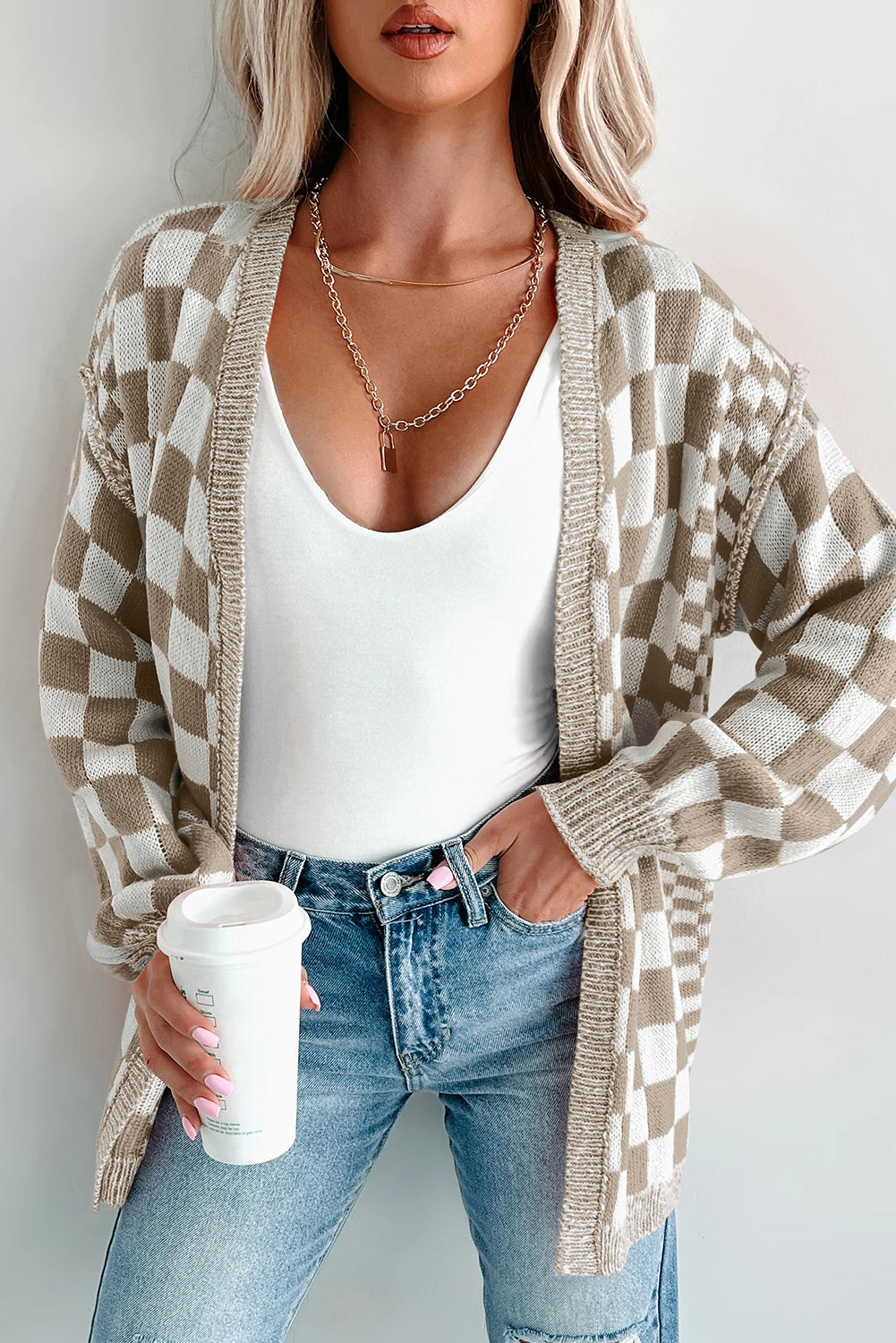 Brown Checkered Open Front Drop Shoulder Cardigan
