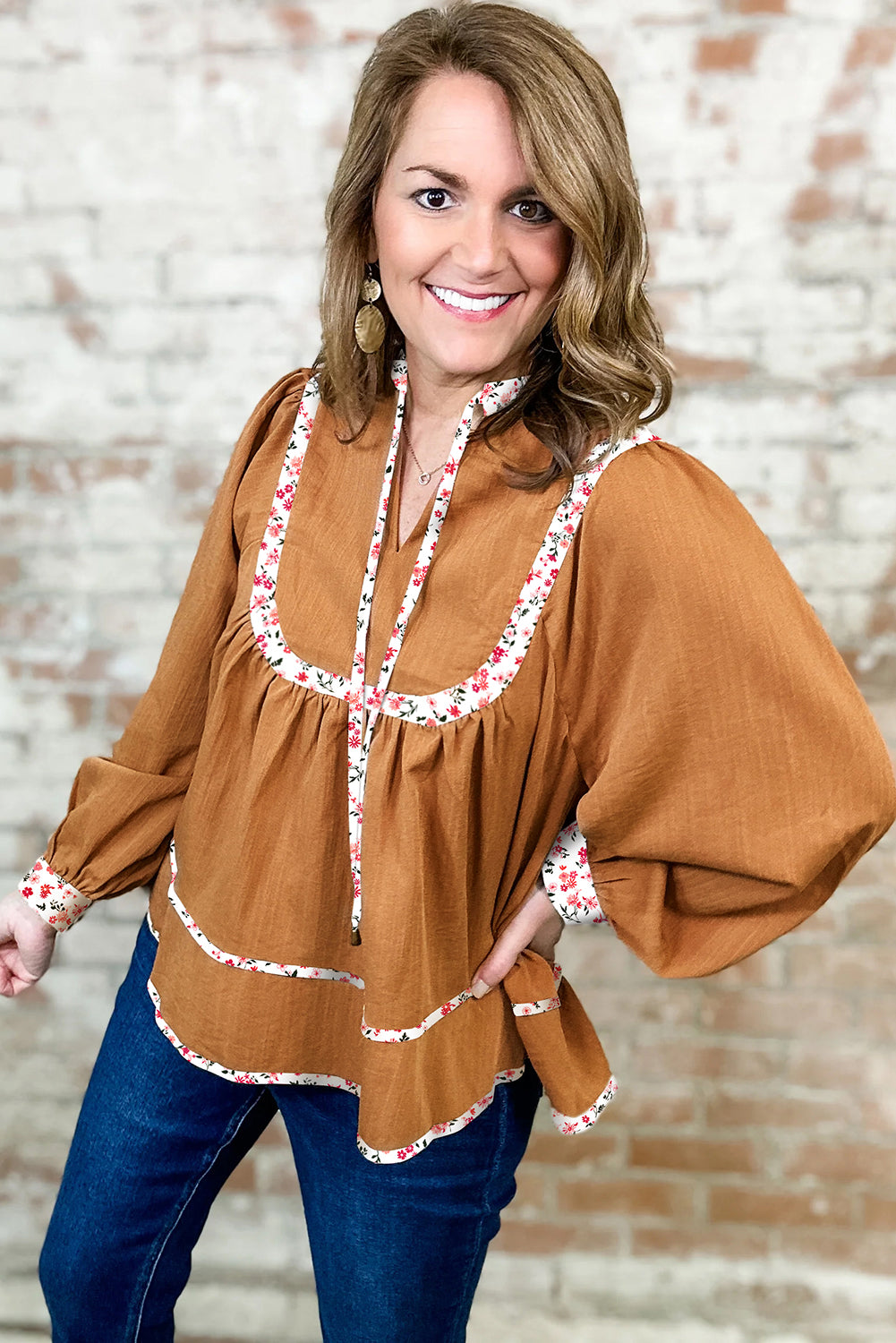 Straw Yellow Split Neck Pleated Floral Trim Puff Sleeve Blouse