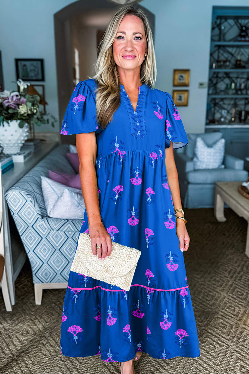 Blue Floral Print Notched Neck Flounce Sleeve Maxi Dress