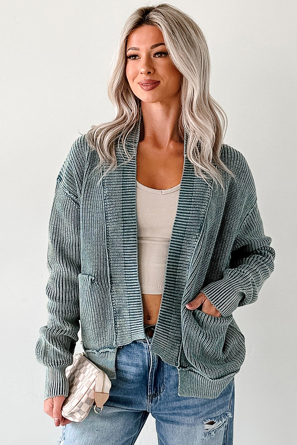 Evergreen Mineral Wash Exposed Seam Patchwork Knit Cardigan