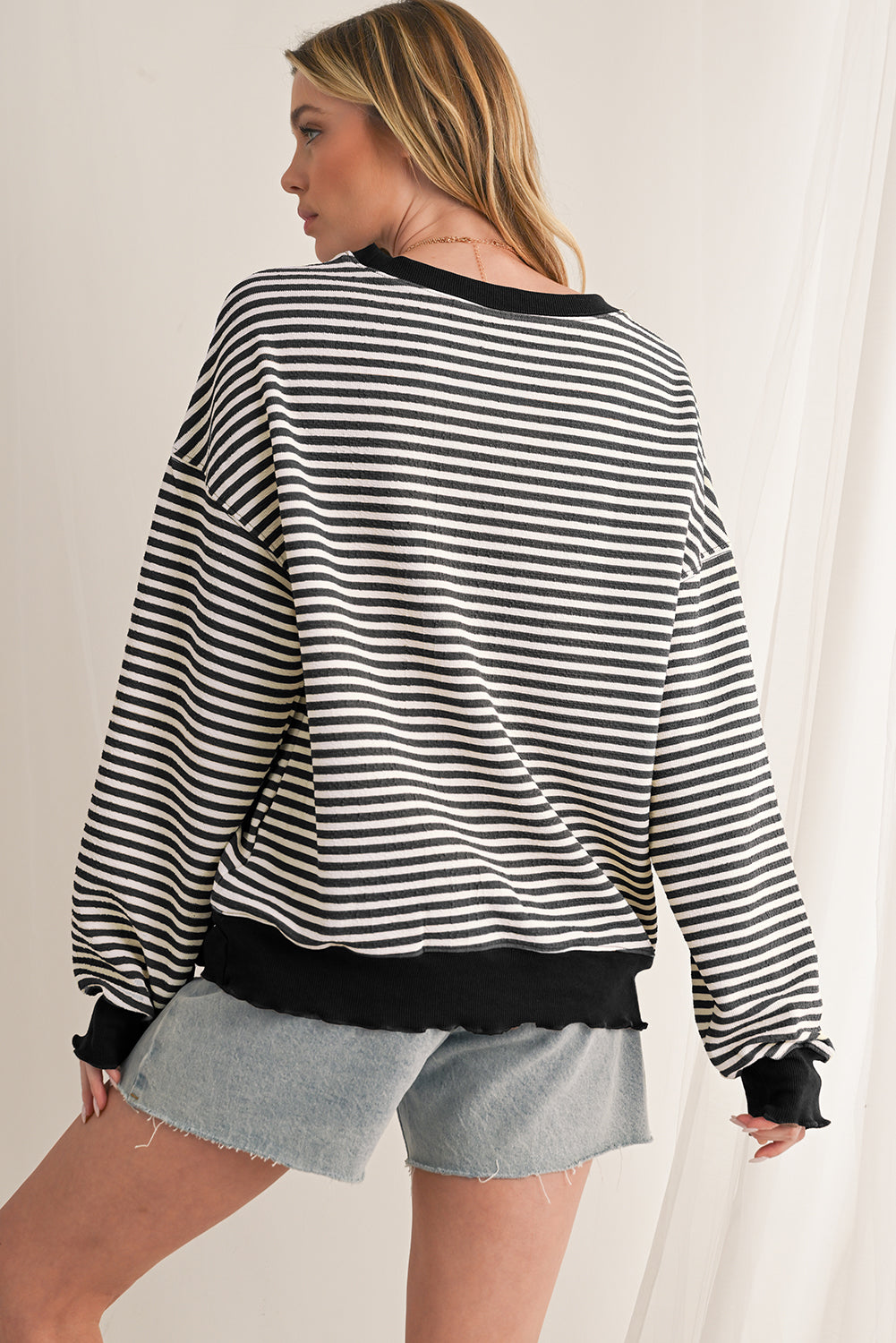 Brown Stripe Drop Shoulder Long Sleeve Top