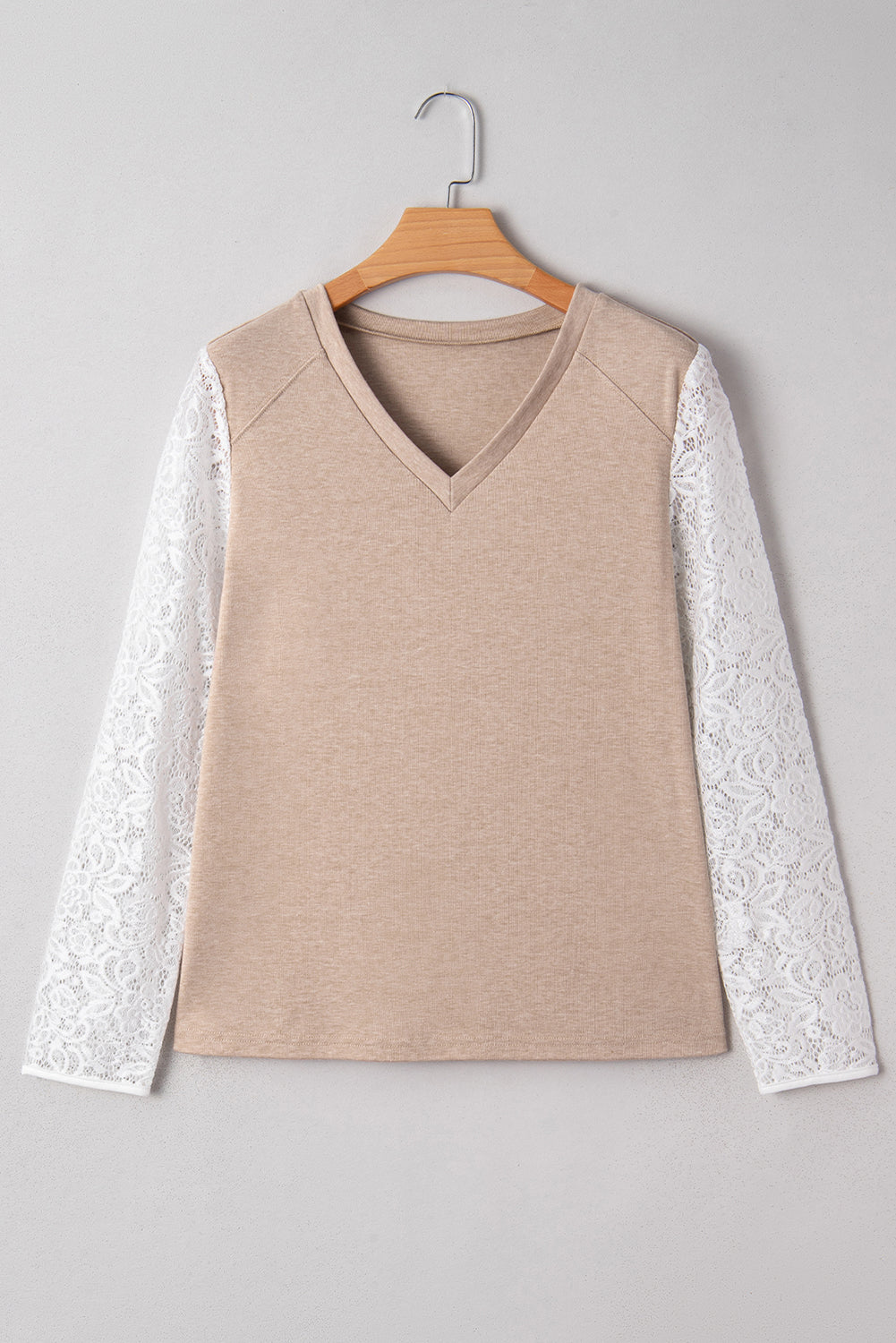 Oatmeal Lace Patchwork Sleeve V Neck Top
