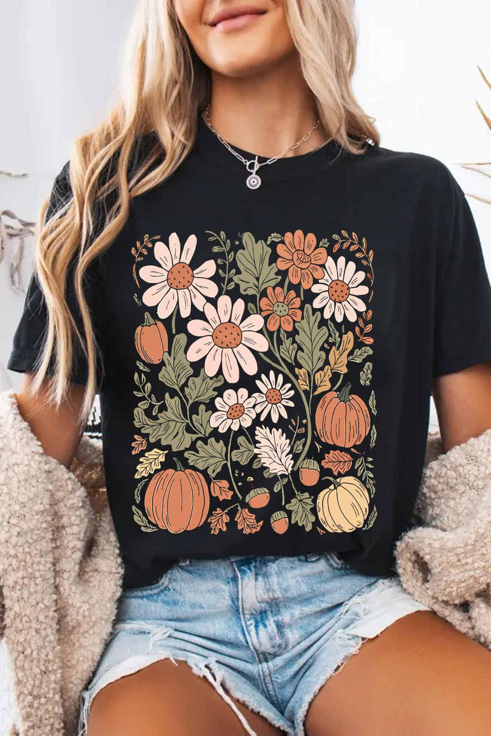 Black Wild Flower Pumpkin Print T Shirt
