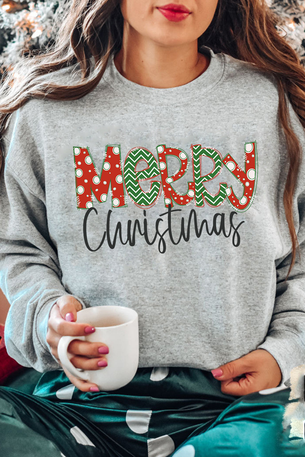 Gray Merry Christmas Festive Letter  Heat Transfer Printing Drop Shoulder Sweatshirt