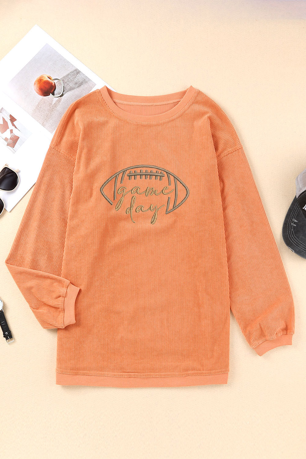 Orange Football Graphic Drop Shoulder Game Day Corded Sweatshirt