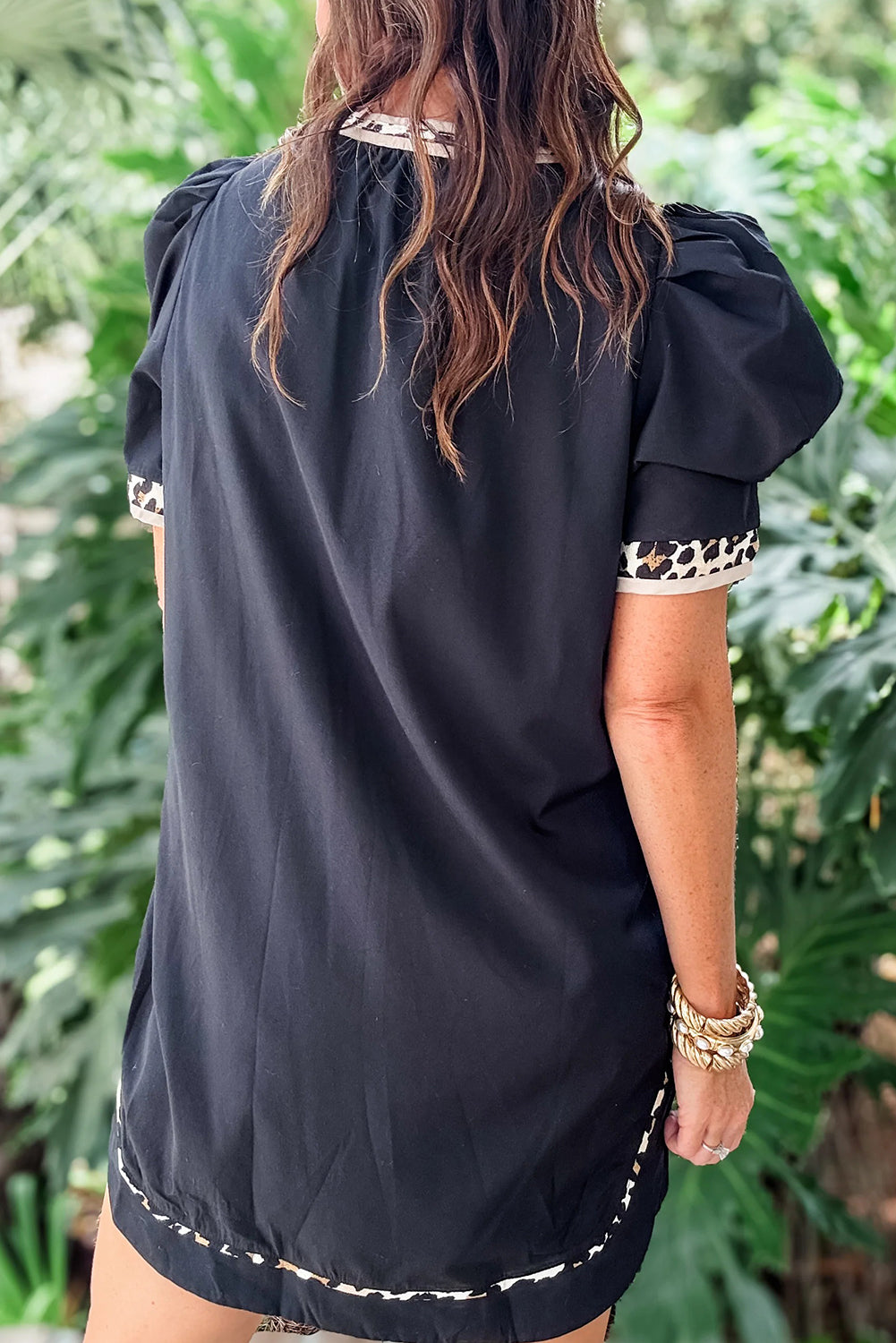 Black Leopard Trim Notched Neck Short Puff Sleeve Mini Dress